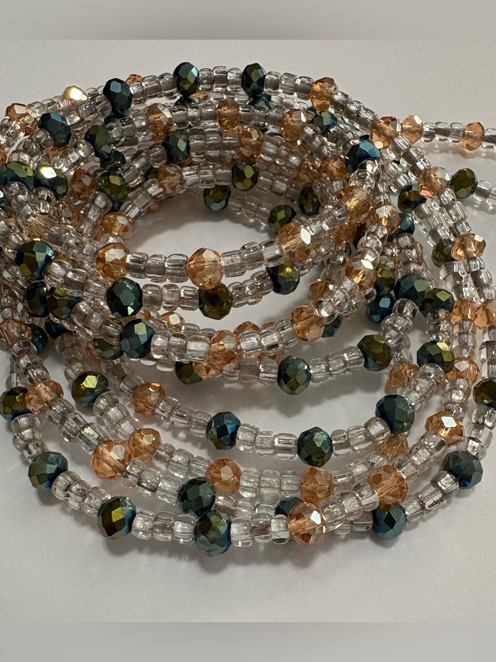 “Amber Olivia” Seadbead Waistbead with Crystal Olive-Green and Amber Accents - Picture 8 of 10
